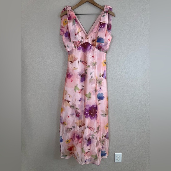 Maison Tara V Neck Pink Watercolor Floral Maxi Dress with Bow Straps size 6 $148 - Picture 9 of 16